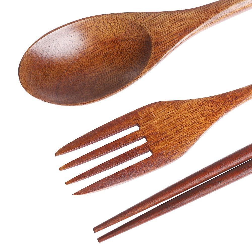Spoon Fork Chopsticks Portable Tableware Wooden Cutlery Sets Travel Dinnerware Suit Environmental with Cloth Pack Gift