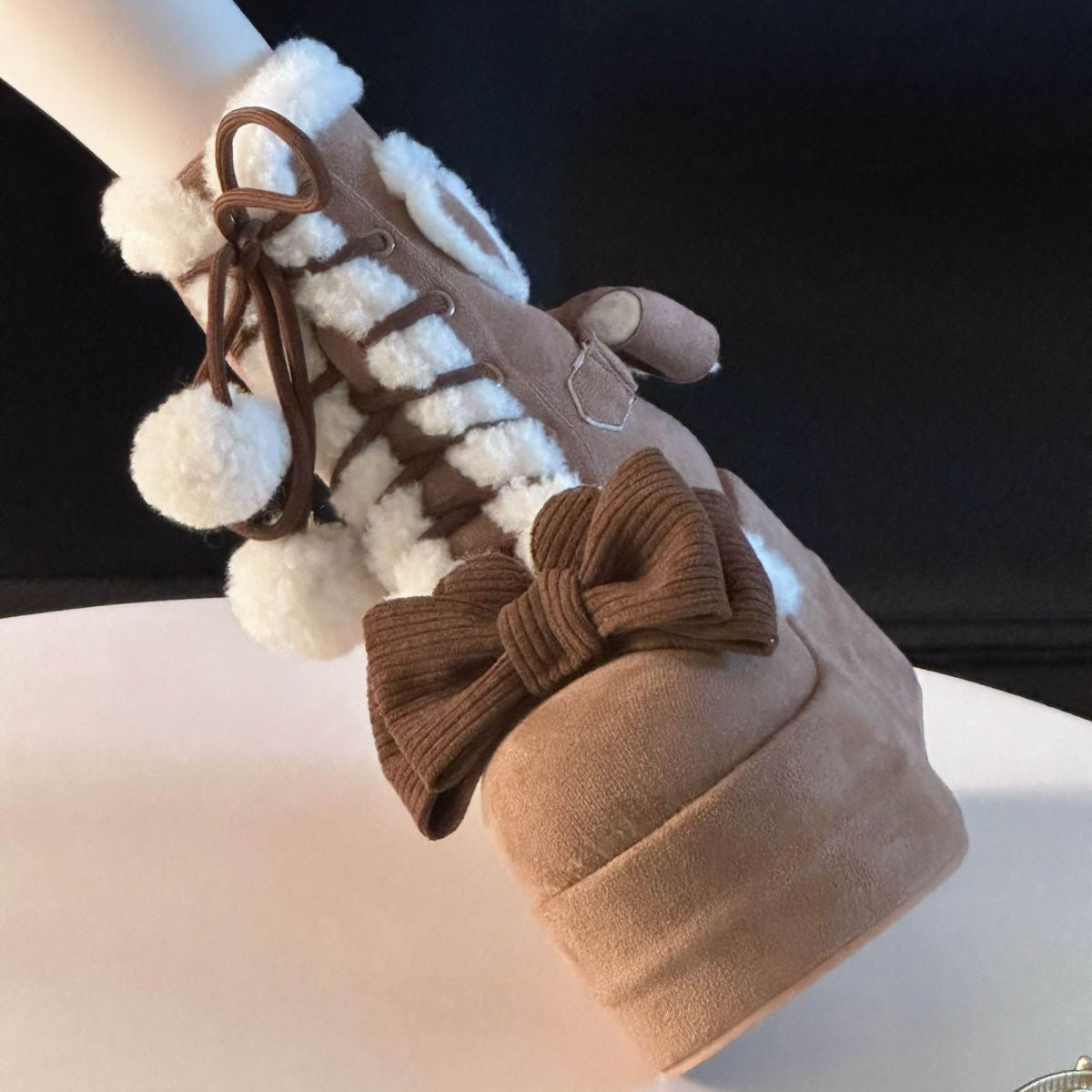 Sweet Winter Girls Lolita Mid-Calf Snow Boots,Cute Female Students Plush Warm Bowknots Lace Up Wedge Heel Heightening Shoes