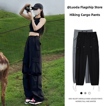 Black American Workwear Pants Women's Loose Straight Leg Casual Wide Leg Pants Cool Windbreaker Sports Pants Autumn Winter Sp...