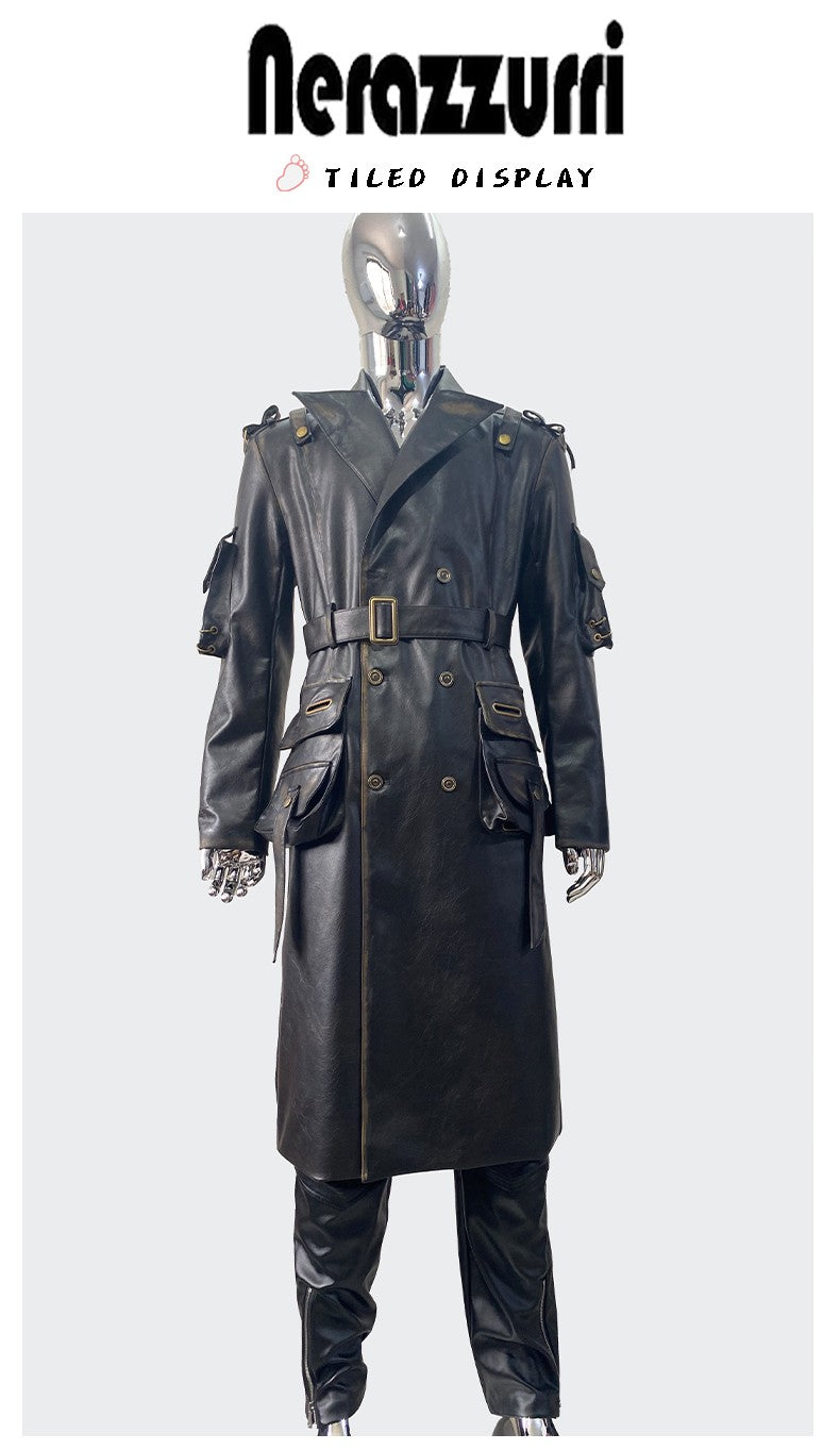 Nerazzurri Spring Autumn Cool Long Waterproof Distressed Black Pu Leather Trench Coat Men Belt Pockets Luxury Designer Clothes