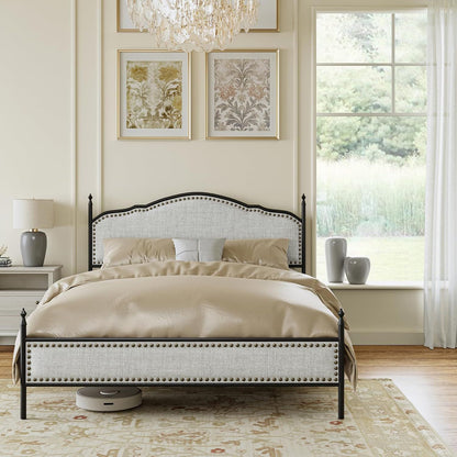 Estrutura de Cama Queen EcoHarbor com Cabeceira, Plataforma de Cama de Metal Estilo Fazenda Estofada em Linho com Estrado de Madeira Reforçado