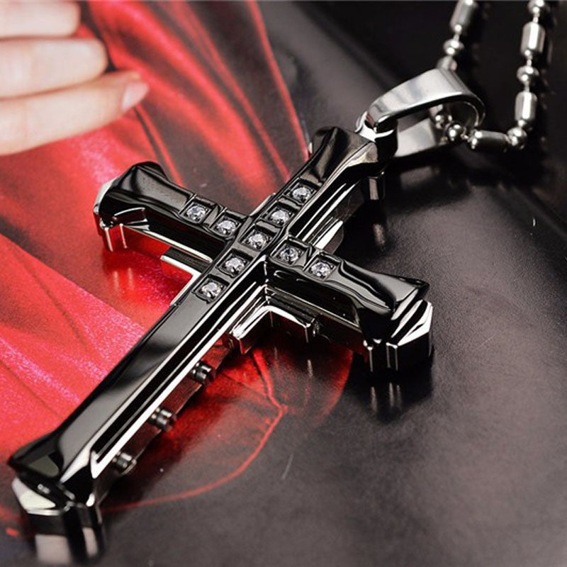 SUMENG 2025 Novo Colar Masculino de Aço Inoxidável com Pingente de Cruz de Cristal Jesus nas Cores Dourado/Preto/Azul e Zircônia
