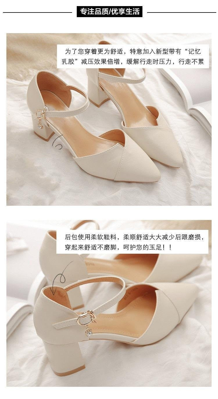 Sandália Feminina Elegante Bege Bico Fino Salto Médio Tira Fina Transpassada Fivela Sapatos de Escritório Diários