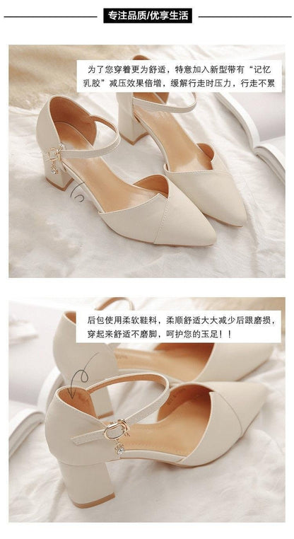 Sandália Feminina Elegante Bege Bico Fino Salto Médio Tira Fina Transpassada Fivela Sapatos de Escritório Diários