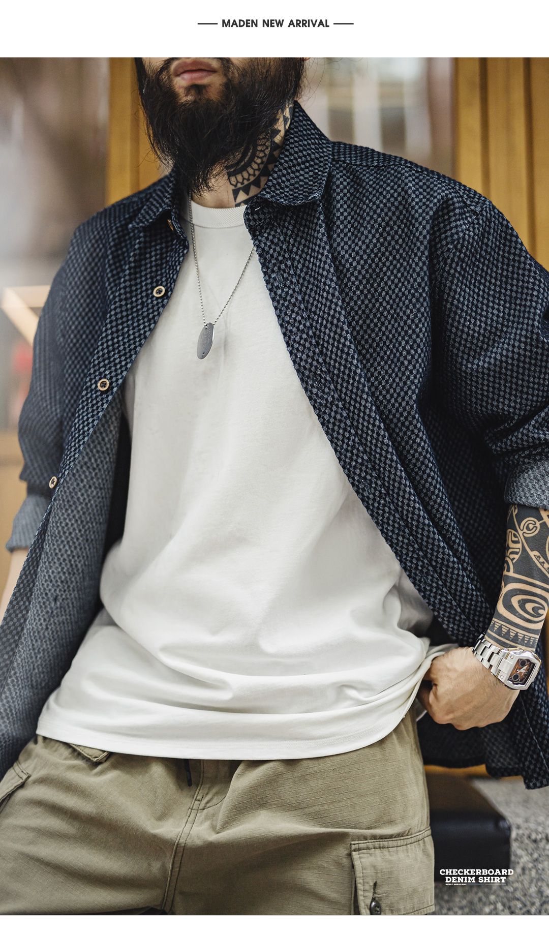 Maden Retro Checkered Long-sleeved Denim Shirt Loose Lapel Single-breasted Jacket for Men Spring and Fall Versatile Outerwear