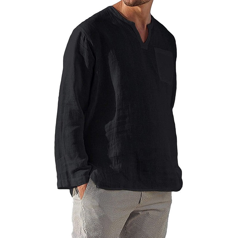 Men Cotton Linen Shirts Long Sleeve Social Shirt Blouses Stand-Up Collar Casual Beach Shirt Business Formal Shirt Male Clothing