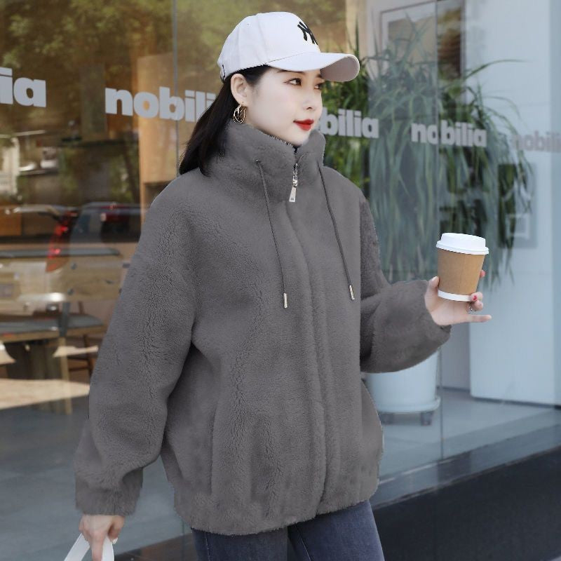Elegant Autumn WInter Solid Jacket Fashion Long Sleeve Fleece Warm Stand Collar Plush Thick Coats Casual Office Lady Zip Outwear