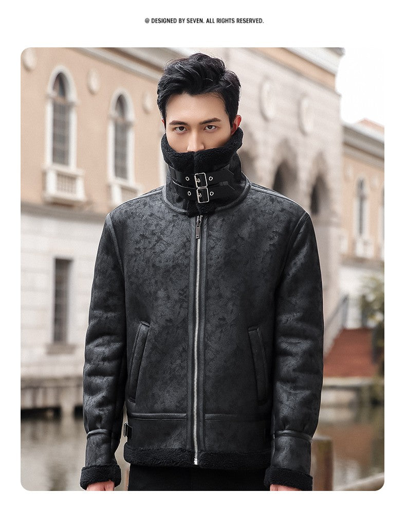 Lamb Cashmere PU Leather Jacket Mens Plus Velvet Men Winter Warm Motorcycle Thickened Leather Coat Man Fleece PU Leather Coats