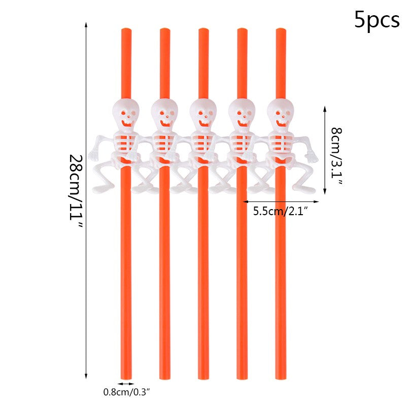 5Pcs Halloween Straws Reusable Plastic Pumpkin Skull Straw 2025 Halloween Bar Party Decoration Supplies Beverage Ornaments