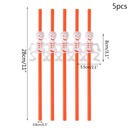 5Pcs Halloween Straws Reusable Plastic Pumpkin Skull Straw 2025 Halloween Bar Party Decoration Supplies Beverage Ornaments