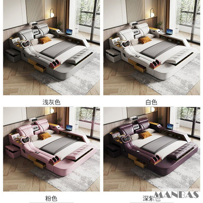 MANBAS Tech Smart Bed - the Ultimate Multifunctional Bedframe with Genuine Leather, Massage, Speaker, Projector, Air Purifier
