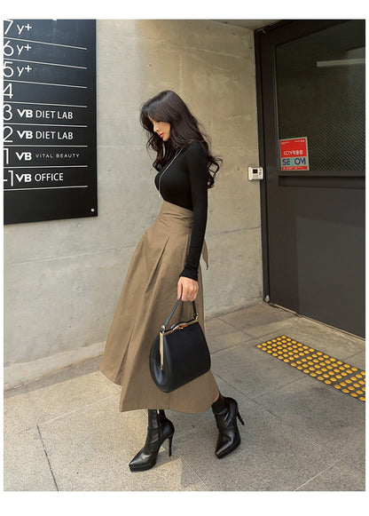 Skirts Womens Korean Fashion Solid Color Big Swing Ladies Skirt Long Skirt 2025 Autumn Wild High Waist Bow Slim Skirts