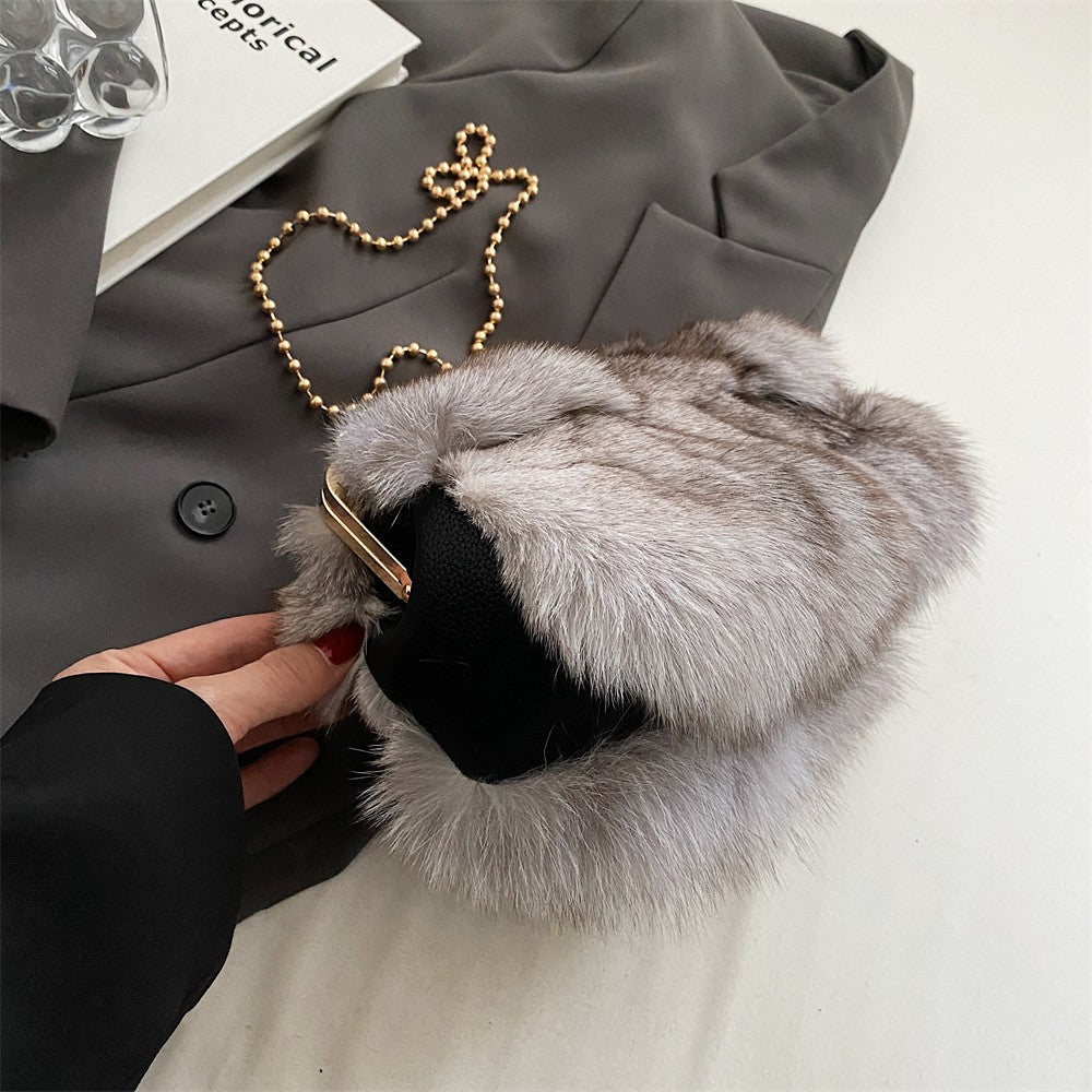 MOODS Soft Plush Evening Bags For Elegant Women Fox Fur Dinner Party Clutch Chain Crossbody Winter Warm Luxury Designer Handbags