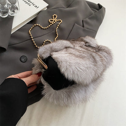 MOODS Soft Plush Evening Bags For Elegant Women Fox Fur Dinner Party Clutch Chain Crossbody Winter Warm Luxury Designer Handbags