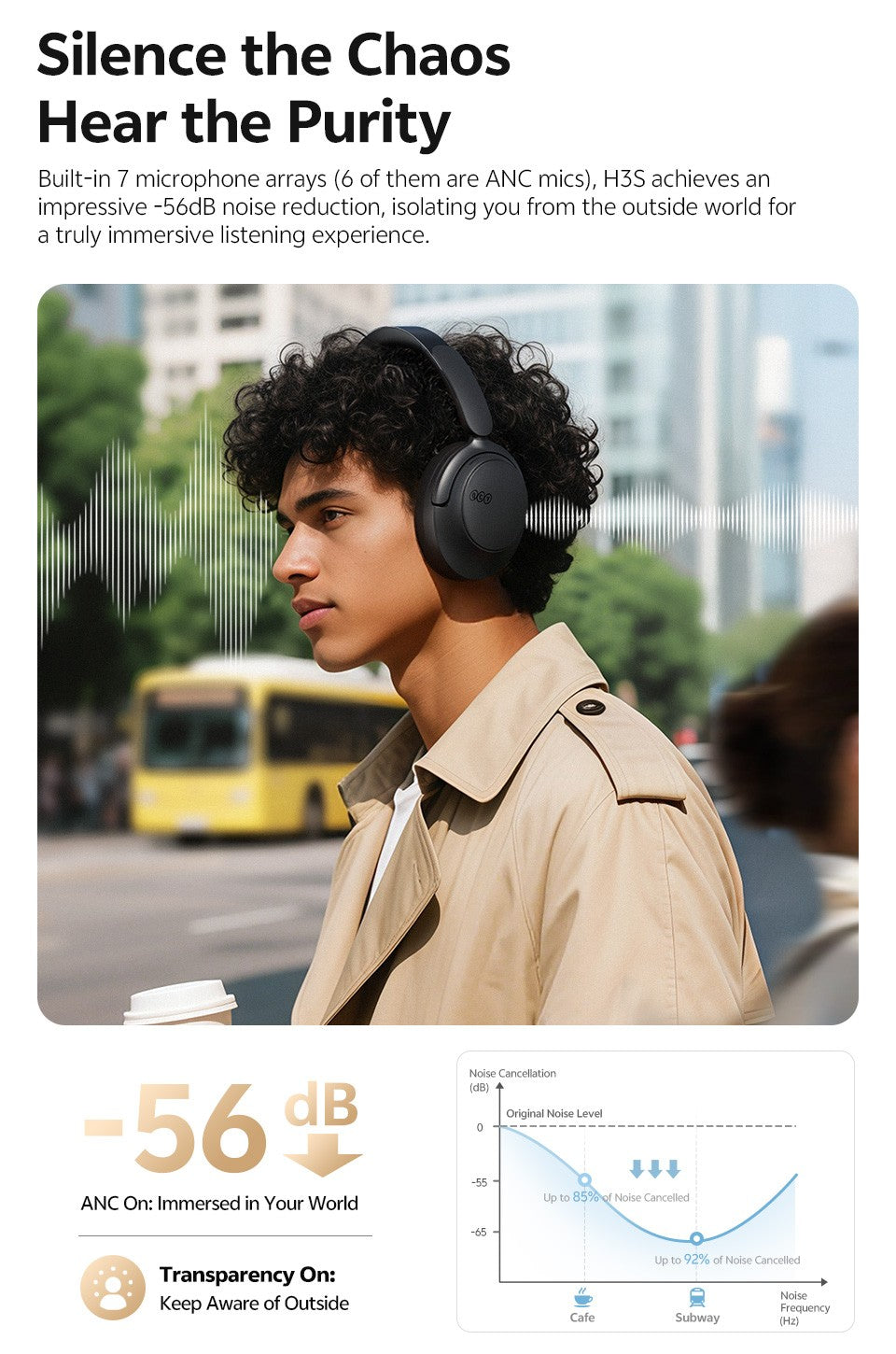 QCY H3S -56dB Adaptive ANC Over Ear Headphone Hi-Res LDAC Spatial Sound Wireless Earphone Bluetooth 6.0 Dual Driver 102H Headset