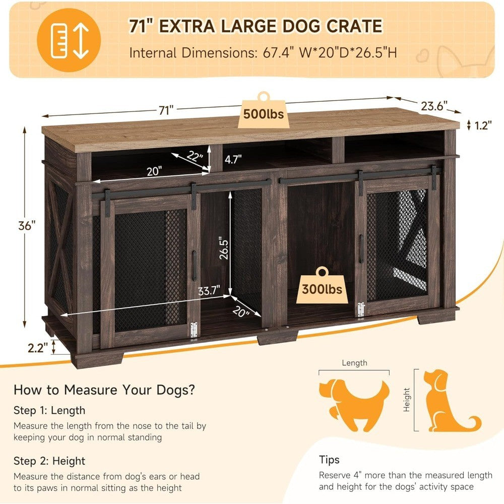 Móveis de Caixa para Cachorros de 180cm para 2 Cães, Canil com 3 Gavetas de Armazenamento e Divisória Removível, Gaiola Dupla Extra Grande para Cães como Suporte de TV