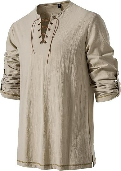 Men's Medieval Lace Up Tunic Shirt Renaissance Viking Pirate Costume Long Sleeve Retro Tops with Belt for Halloween Cosplay
