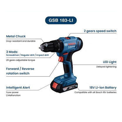 Bosch GSB 183 Parafusadeira Furadeira de Impacto a Bateria Sem Escovas 56Nm Torque Ferramentas Elétricas Multiuso para Madeira Pedra Metal