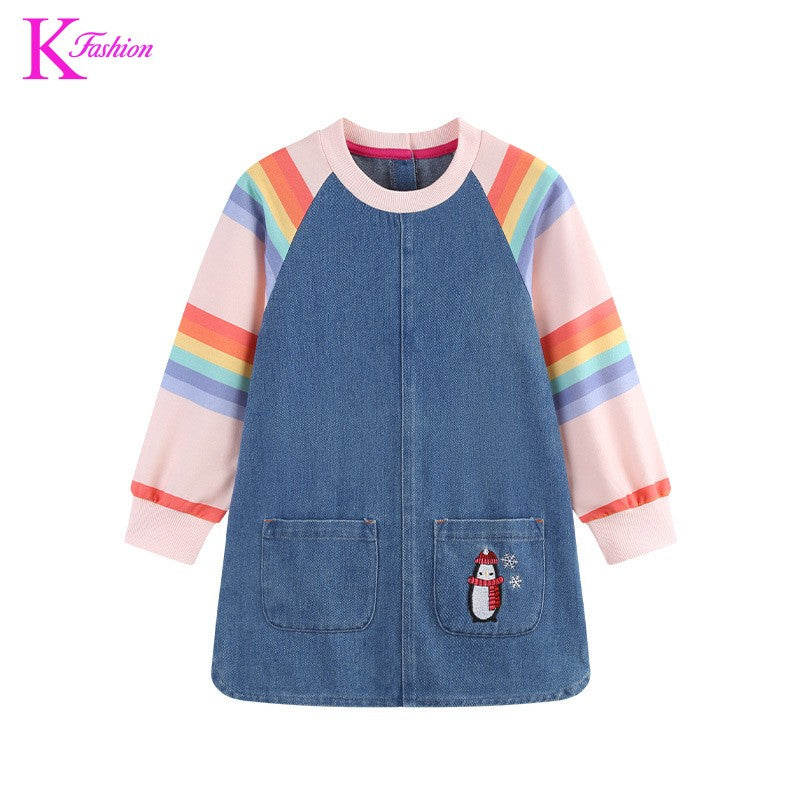New Girls' Dress  Round Neck Children's Princess Dress Denim Fabric Toddler Kids Clothing 4-8Y