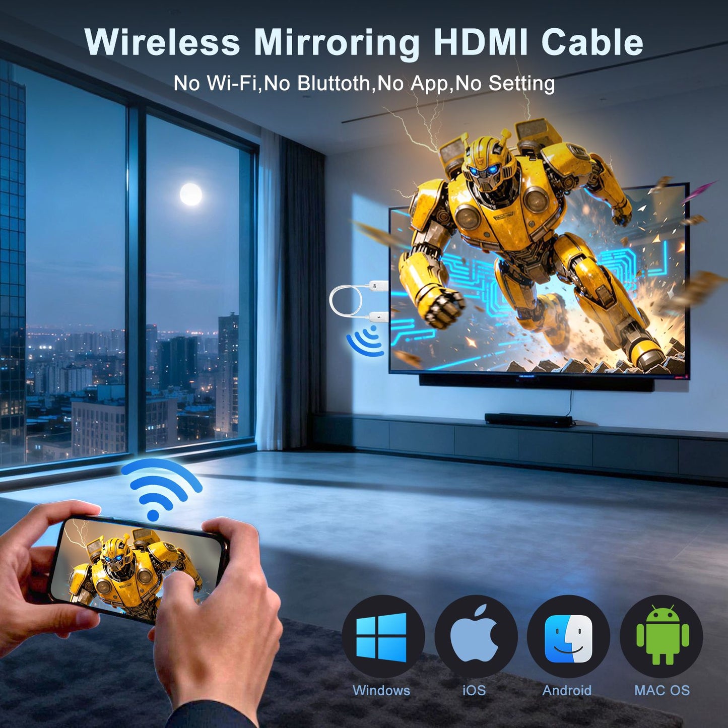 Adaptador/Cabo/dongle sem fio para espelhamento HDMI, stick/cabo/adaptador de streaming sem fio, extensor de adaptador de vídeo sem fio