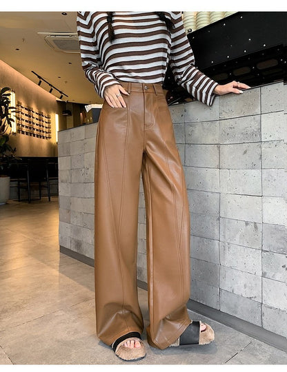 2025 New High Waist Vintage Black Women's PU Leather Wide-Leg Pants Loose Straight Retro Casual Floor-Length Pant Autumn Winter