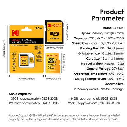 Cartão de Memória KODAK Original Micro SD 32GB 64GB 128GB 256GB C10 TF MicroSD U3 4K Para Telefone Drone Câmera Presente