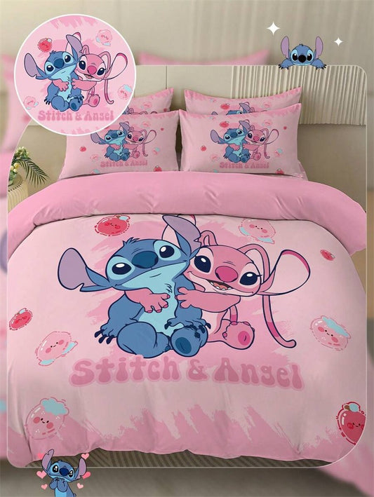 2/3pcs Stitch Duvet Cover Set Pink Bedding Skin-Friendly and Comfortable Cartoon Style Comforter Cover Set Decor