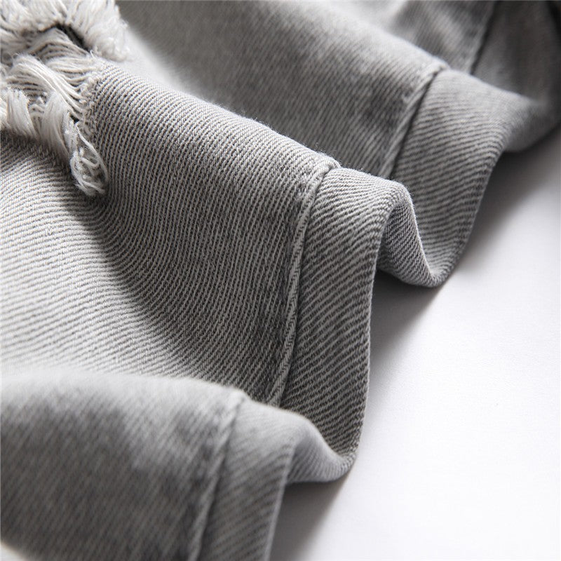 Mens Jeans Large-size Straight Light Gray Denim Trousers Spring and Autumn Full Length Male Pants Ripped Jeans