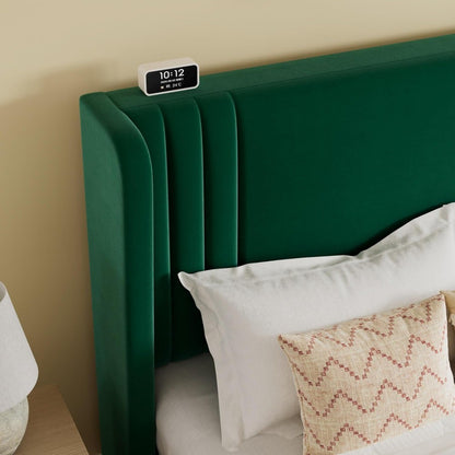 Estrutura de Cama Queen Size Estofada em Veludo com Cabeceira de Encosto em Asa com Tufo Vertical, Suporte de Estrado de Madeira