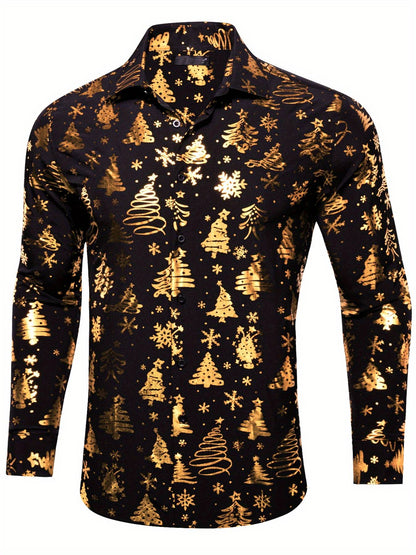 Christmas Theme Men's Golden Christmas Tree 3D Printed Formal Shirts Christmas Graphic Long Sleeve Shirt Fashion Men's Shirts