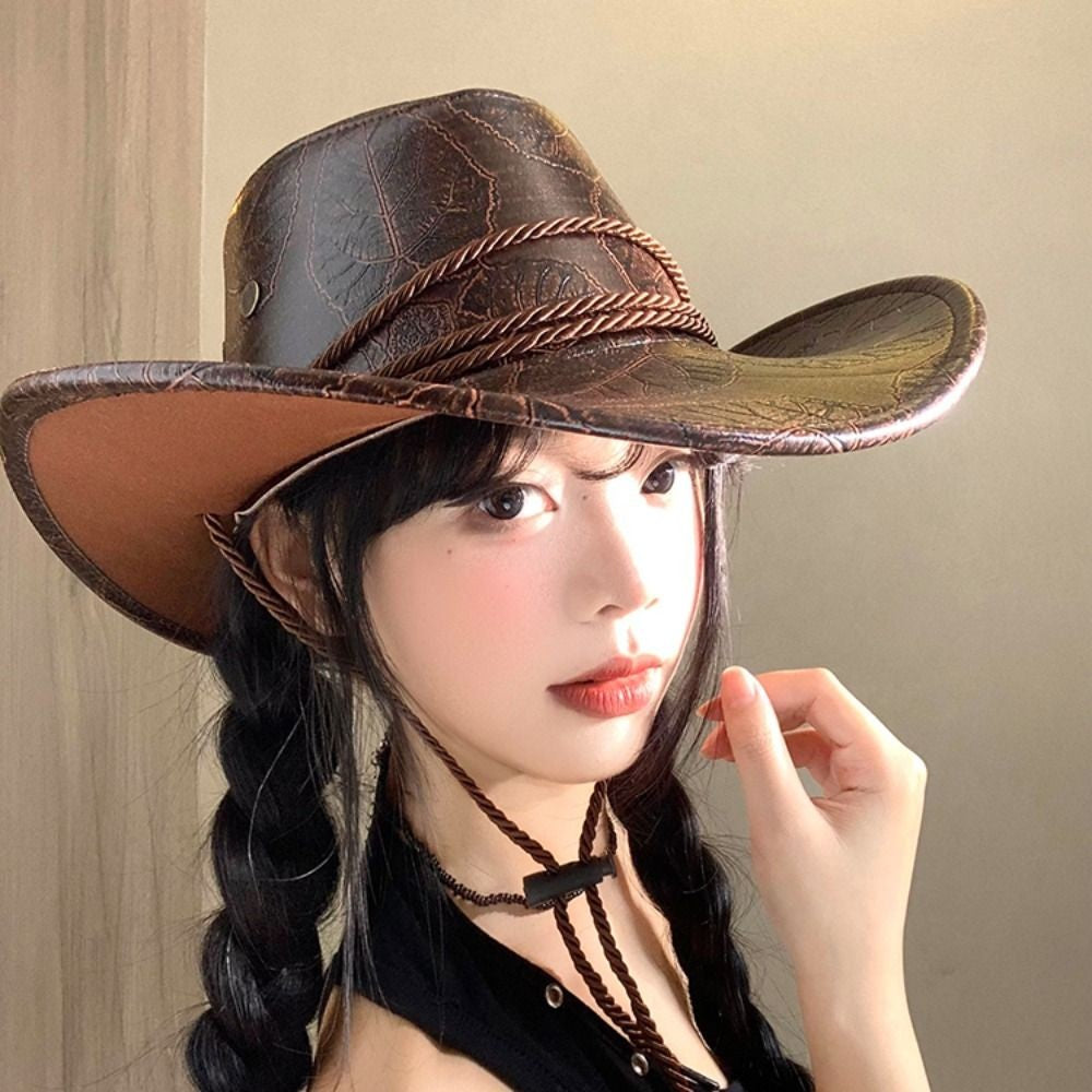 Cool Ethnic Style Western Cowboy Hat Roll Brim Wide Brim Cowgirl Jazz Hat Solid Color Polyester Visor Cap Cycling