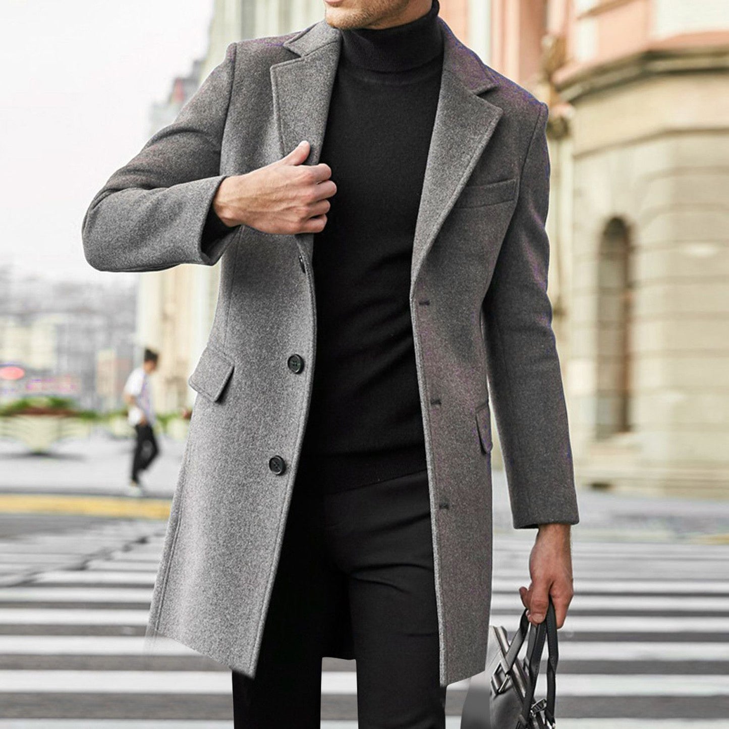 Solid Overcoat Single Breasted Men Wool Jacket Blends Long Sleeve Turn Down Collar Cardigan Coats Pockets Casual Outerwear