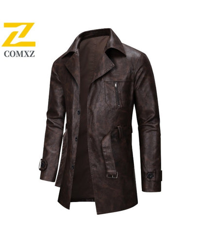 New Mid-length Men's Leather Jacket Spring and Autumn Fashion Functional Lapel PU Jacket Retro Men's Motorcycle Leather Jacket