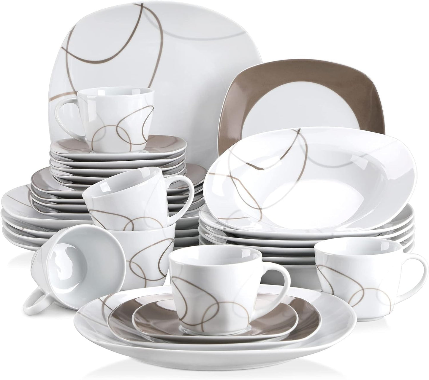 Conjunto de Louça de 30 Peças Marfim Branco Linhas Marrons Porcelana Fina Cerâmica Conjuntos Combinados de Pratos de Sobremesa/Pratos Fundos/Pratos Rasos