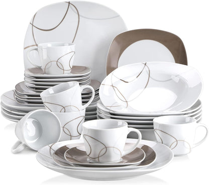 Conjunto de Louça de 30 Peças Marfim Branco Linhas Marrons Porcelana Fina Cerâmica Conjuntos Combinados de Pratos de Sobremesa/Pratos Fundos/Pratos Rasos
