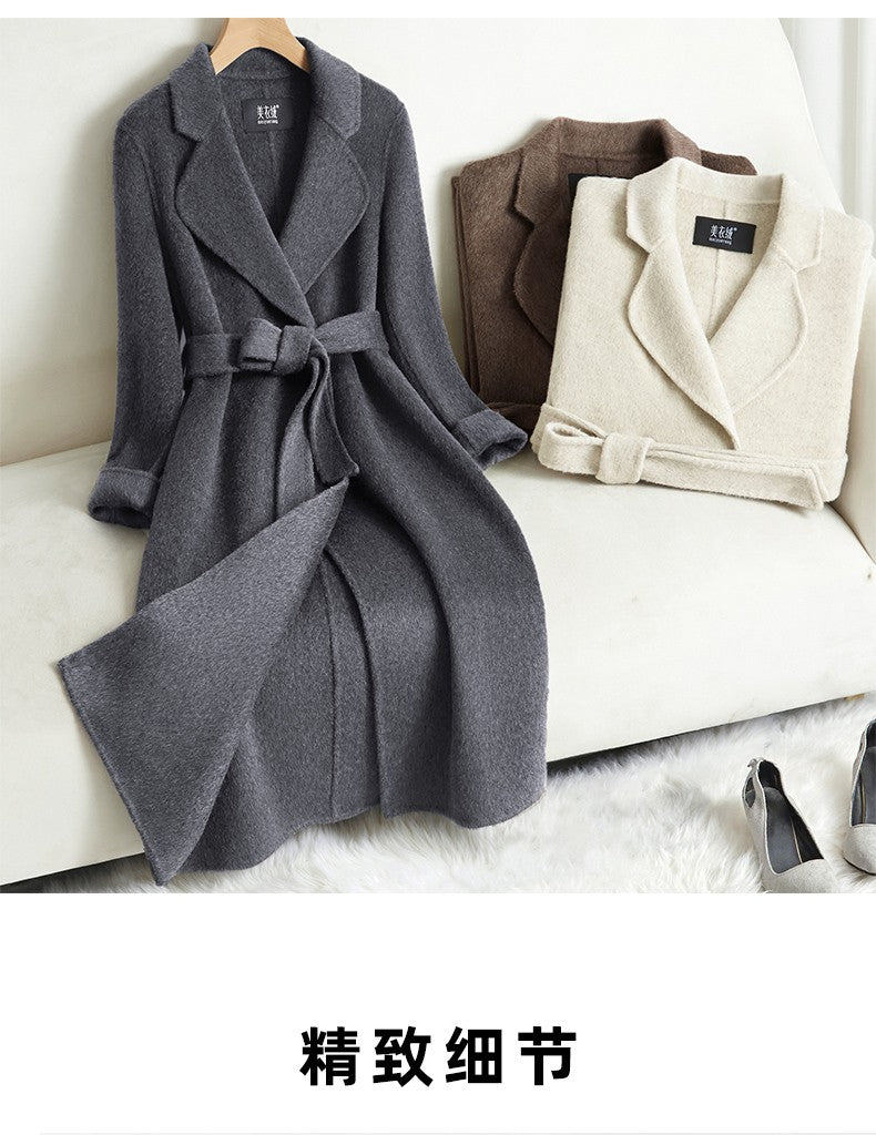 Grey Double-sided Cashmere Coat For women Slim For Autumn Winter New Winter High-end Temperament Thick Woolen Coats With belt