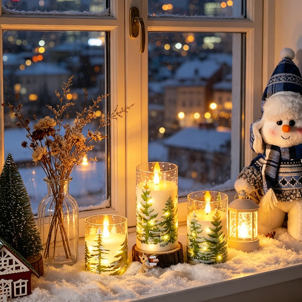 3in Glass Paraffin Built In String Light Print LED Flameless Candle 2AA Battery Remote Control Christmas Candle Decor Lighting