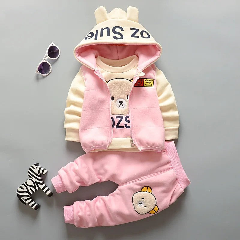 Boy Girl Winter Cartoon Set Baby Autumn Thick Warm Suit Infant Hooded Jackets+Pullovers+Pants 3Pcs Outfits Kids Fleece Clothes