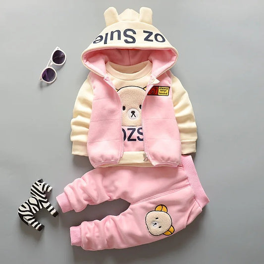 Boy Girl Winter Cartoon Set Baby Autumn Thick Warm Suit Infant Hooded Jackets+Pullovers+Pants 3Pcs Outfits Kids Fleece Clothes