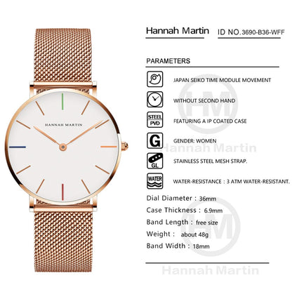 Hannah Martin Women Watch Japan Quartz Movement Simple Waterproof Rose Gold Stainless Steel Mesh Ladies watch relogio feminino