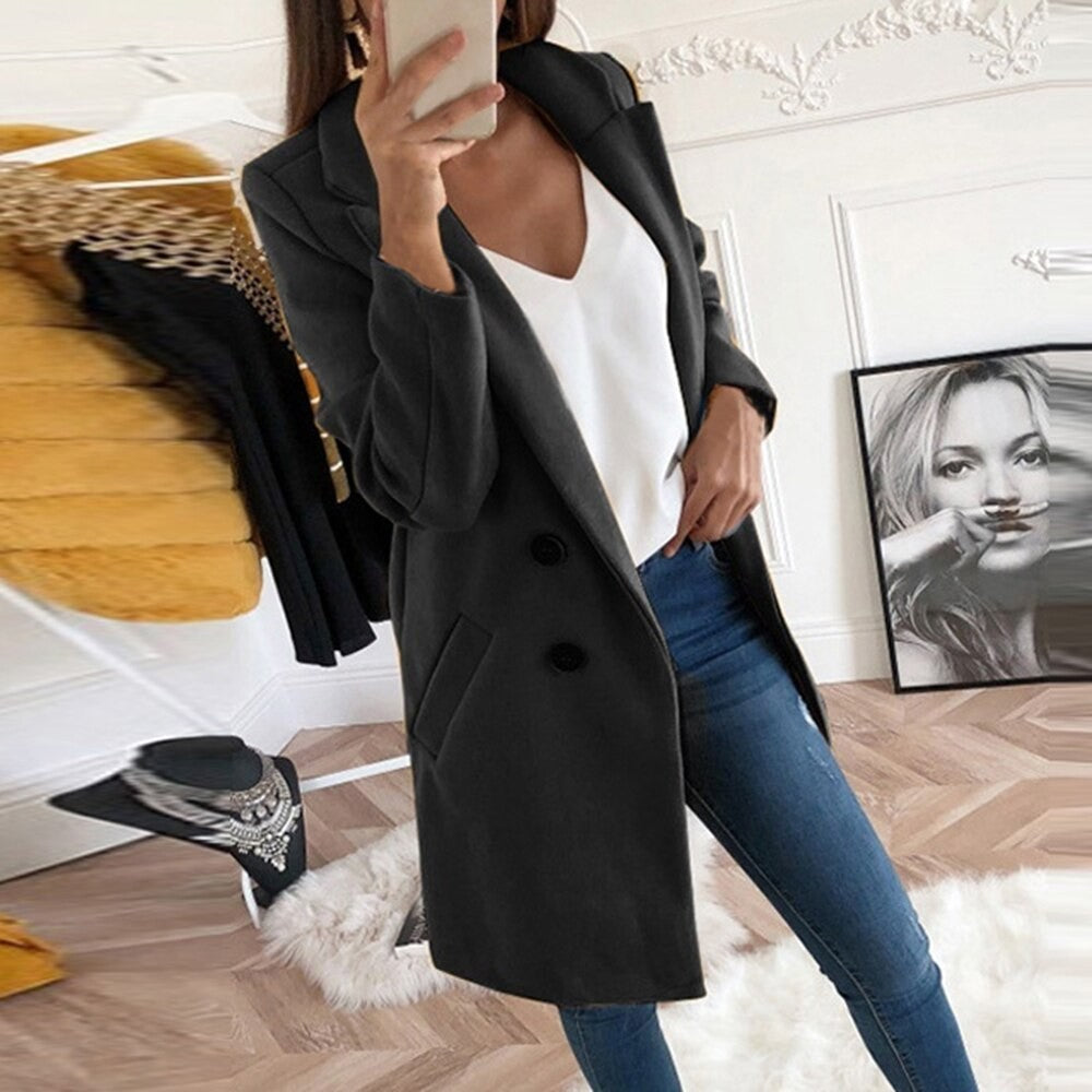 2024 European and American New Solid Color Lapel Mid length Button Woolen Coat for Women