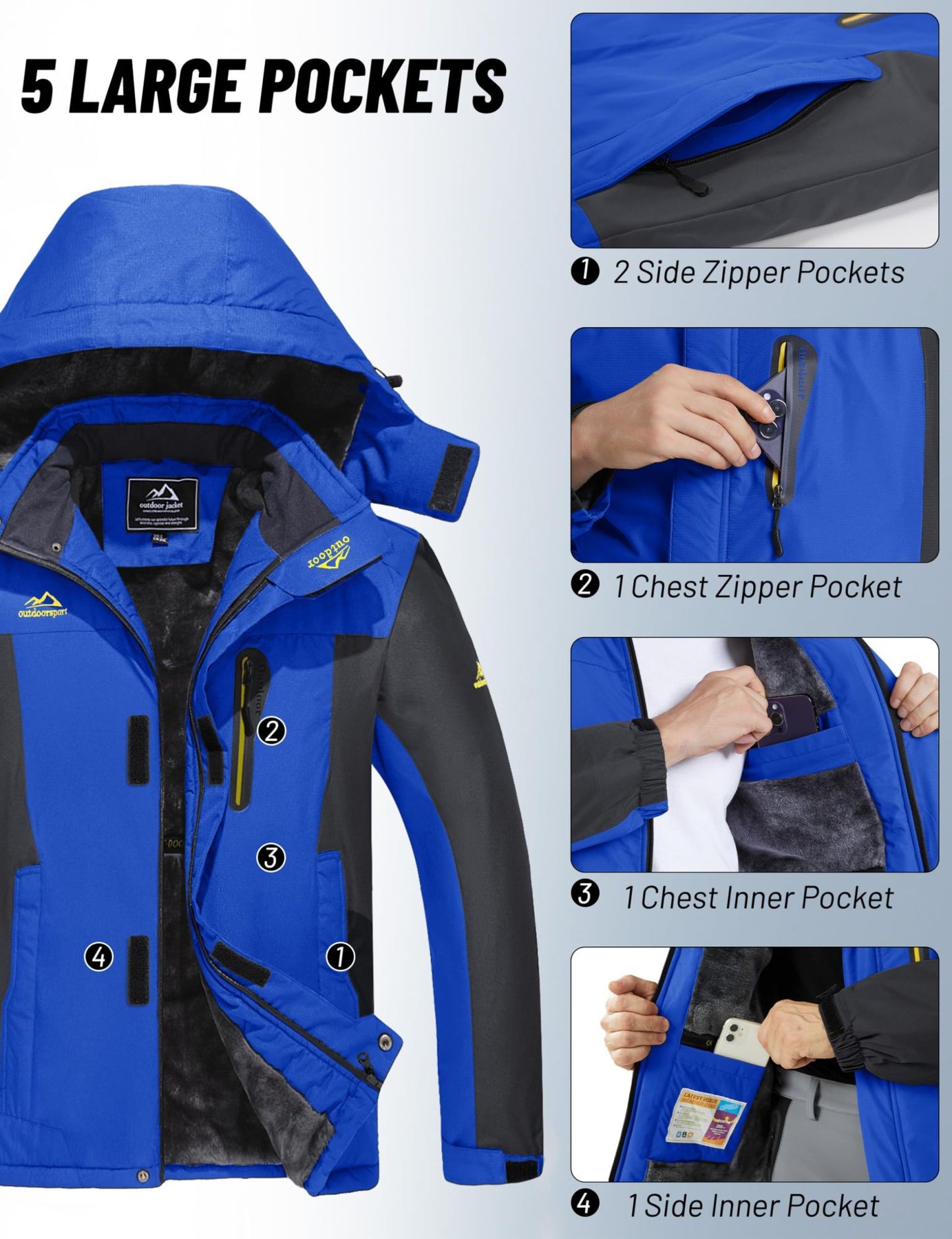 Jaqueta Masculina Impermeável TACVASEN de Inverno Pesada Forrada com Lã, Jaquetas de Esqui e Snowboard, Casacos Corta-Vento com Capuz Removível