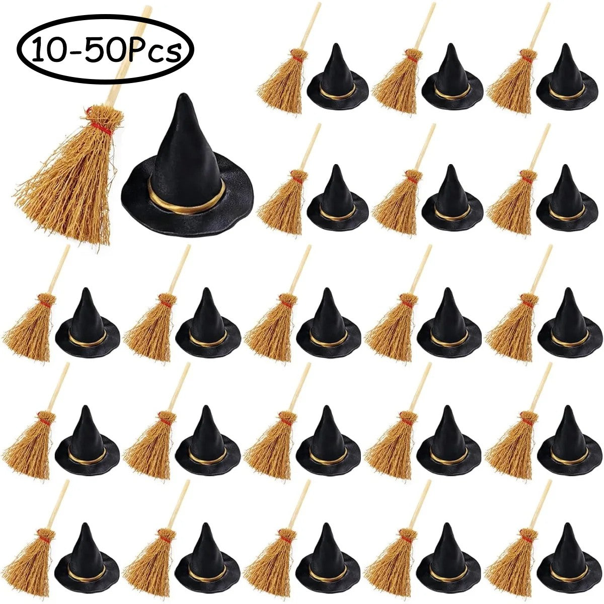 10-50Pcs Mini Witch Hat with Mini Broom Miniature Straw Brooms with Red Rope for Halloween Party Craft Witches Decor Accessory