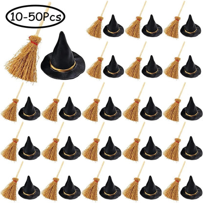 10-50Pcs Mini Witch Hat with Mini Broom Miniature Straw Brooms with Red Rope for Halloween Party Craft Witches Decor Accessory