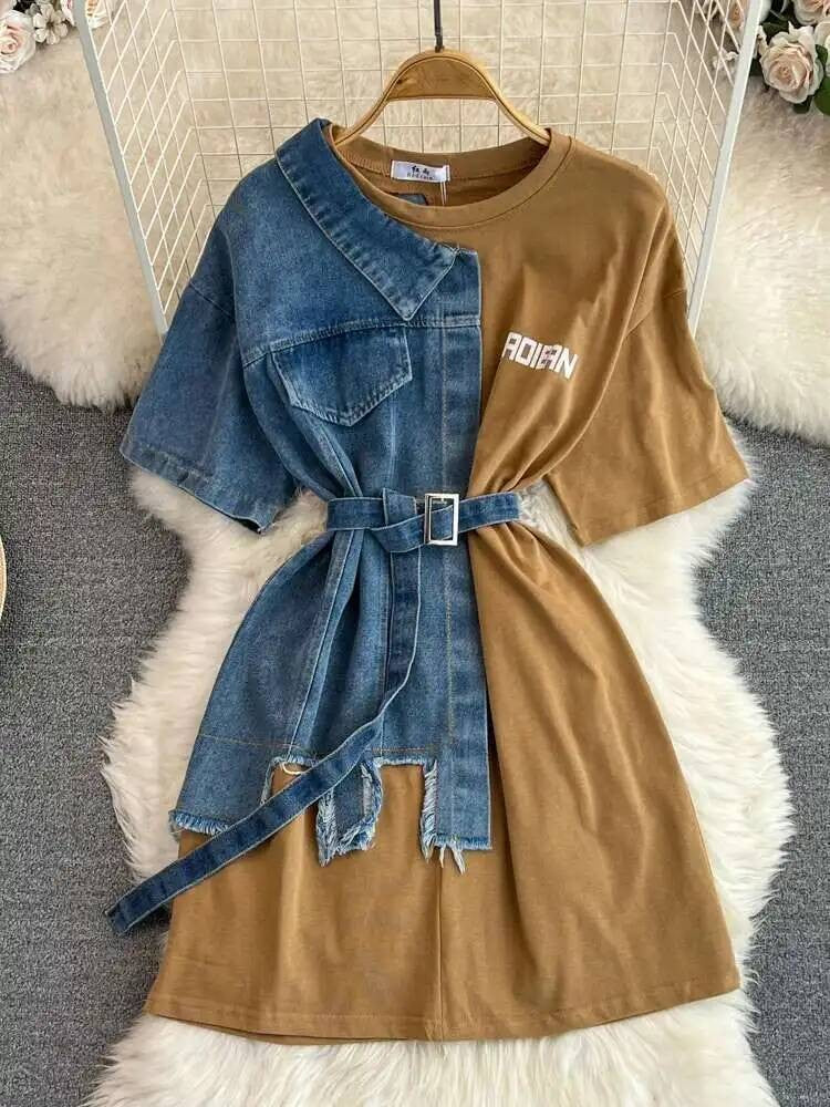 XFPV Women's Sweet high Waist Wrap Belt Round Neck patchwork Denim Shirt  Chic Top Y2k Korean Fashion Spring Summer 2025 SM11327