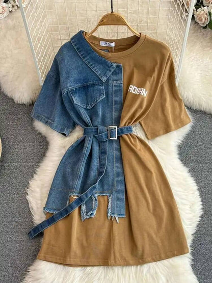 XFPV Women's Sweet high Waist Wrap Belt Round Neck patchwork Denim Shirt  Chic Top Y2k Korean Fashion Spring Summer 2025 SM11327