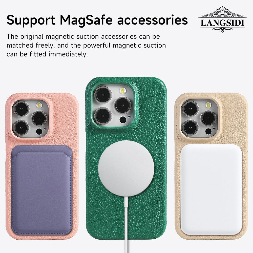 para Capa Magsafe para iPhone 17 15 16 Pro Max Air 17Pro Couro de Vaca Natural Lichia Protetor Magnético Capa Traseira de Luxo para Celular