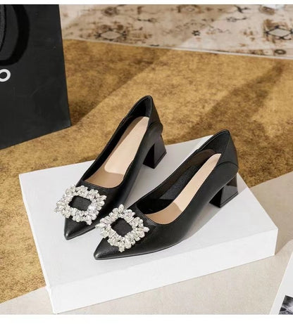 Women's Elegant Black Mid Block Heels Pumps with Crystal Rhinestone Pointed Toe Dress Shoes