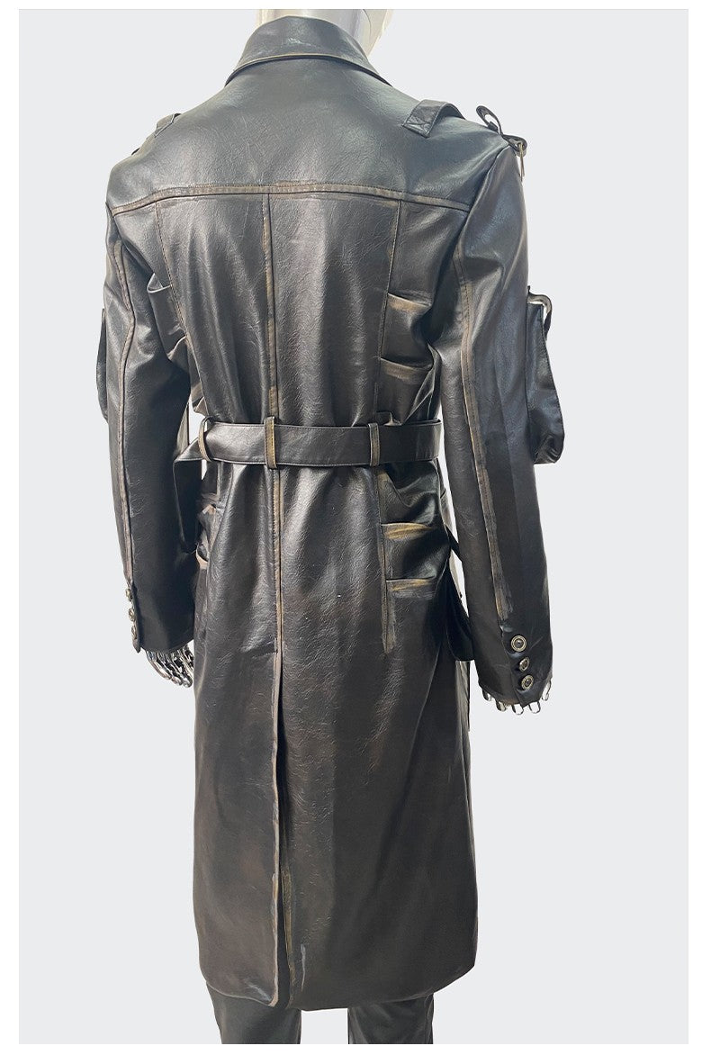 Nerazzurri Spring Autumn Cool Long Waterproof Distressed Black Pu Leather Trench Coat Men Belt Pockets Luxury Designer Clothes