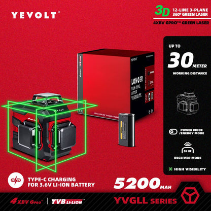 Nível a Laser Verde YEVOLT YVGLL4XS-Series 3/4 Planos 12/16 Linhas Autonivelante 360 3D/4D Horizontal e Vertical Ferramenta de Medição de Energia